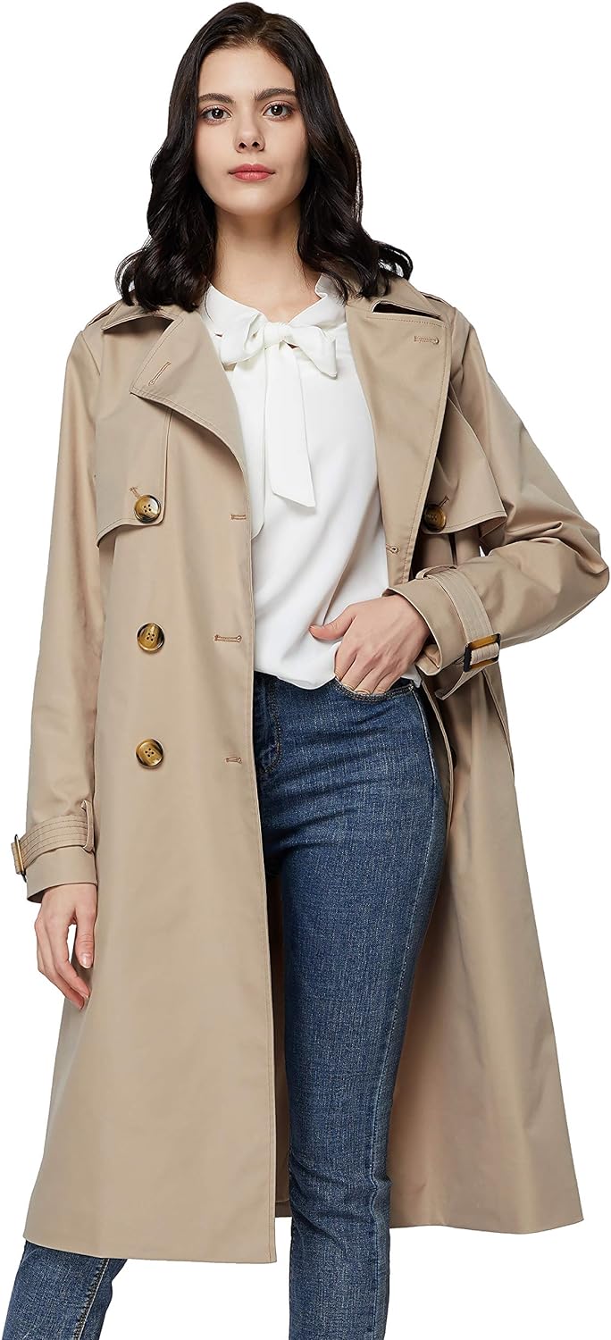 Long Trench Coat for Women with Belt Lightweight Double-Breasted Duster Trench Coat Slim Fit