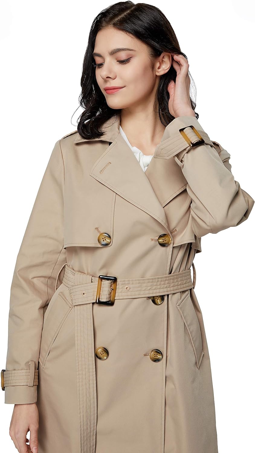 Long Trench Coat for Women with Belt Lightweight Double-Breasted Duster Trench Coat Slim Fit