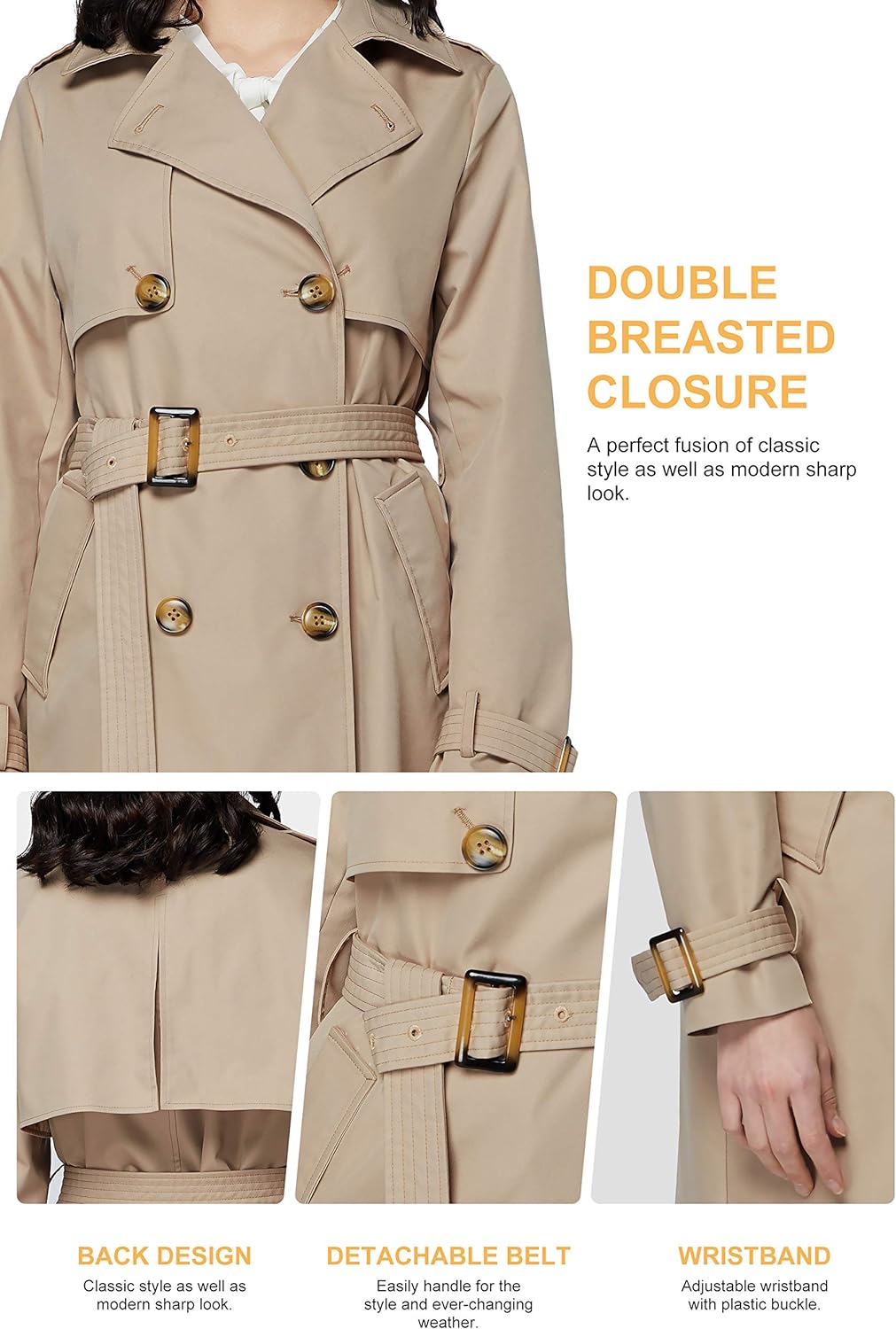 Long Trench Coat for Women with Belt Lightweight Double-Breasted Duster Trench Coat Slim Fit