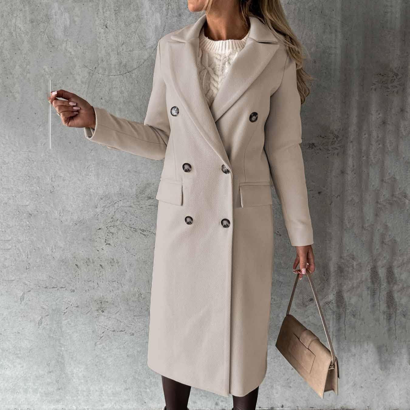 Long-Sleeved Wool Coat with Double-Breasted Buttons,Women'S Double Breasted Long Trench Coat Windproof Classic Lapel Slim Overcoat