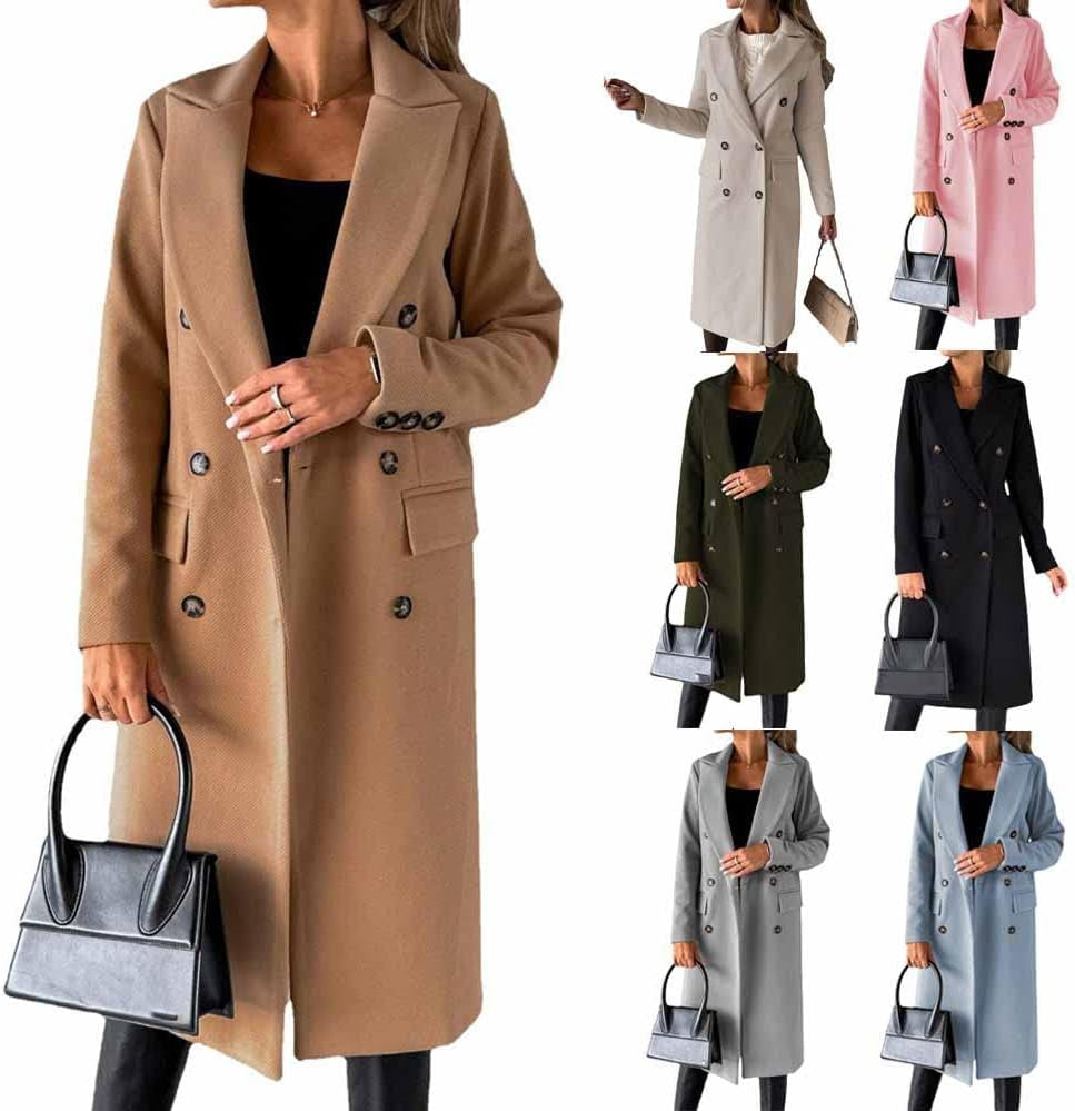 Long-Sleeved Wool Coat with Double-Breasted Buttons,Women'S Double Breasted Long Trench Coat Windproof Classic Lapel Slim Overcoat