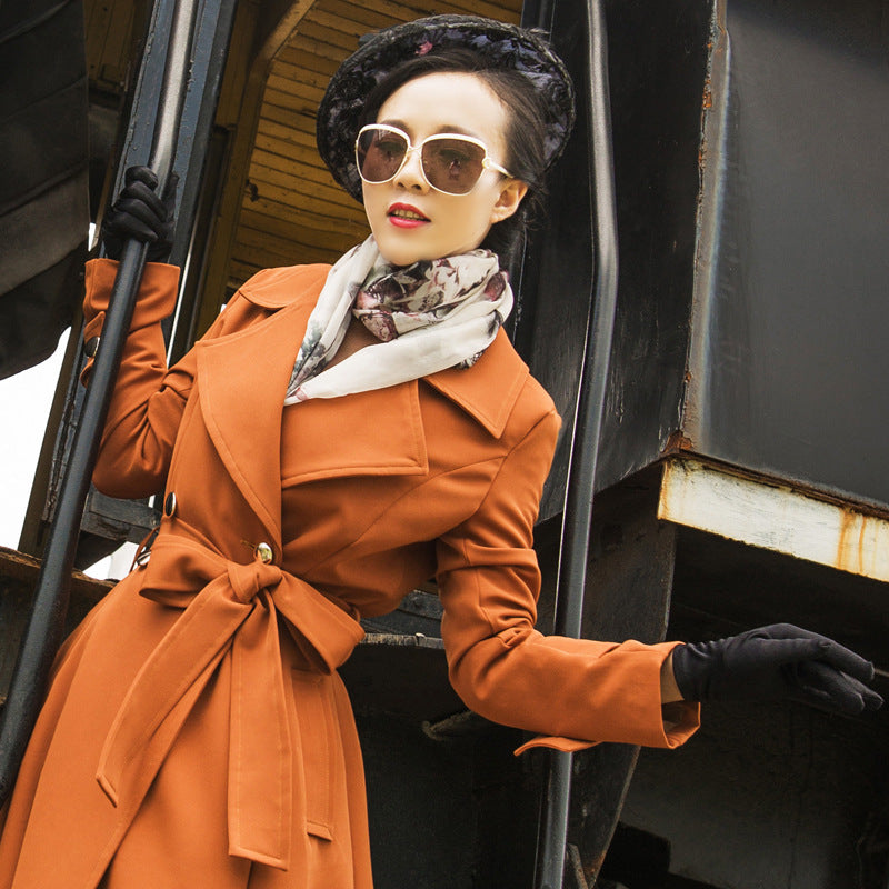 Slim slimming caramel color plus size long trench coat