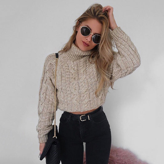 Short long sleeve high neck sexy twist knit sweater