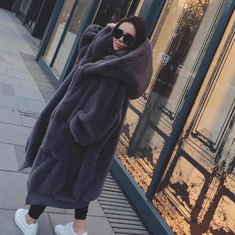 Rabbit Fur Thick Long Hooded Fur Coat