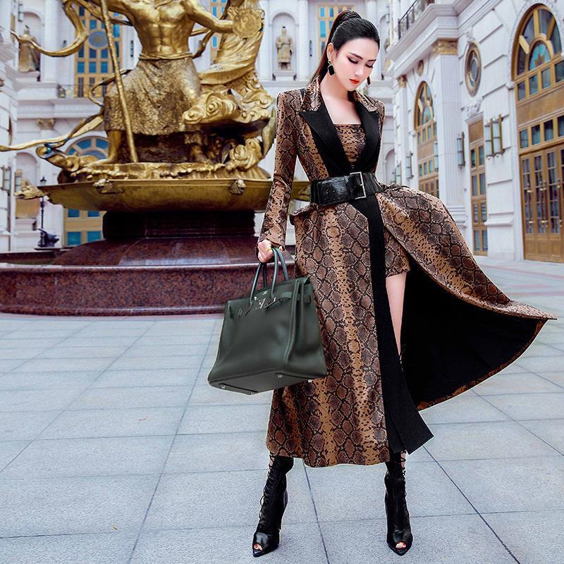 Ladies Mid-length Serpentine Print Big Hem Trench Coat