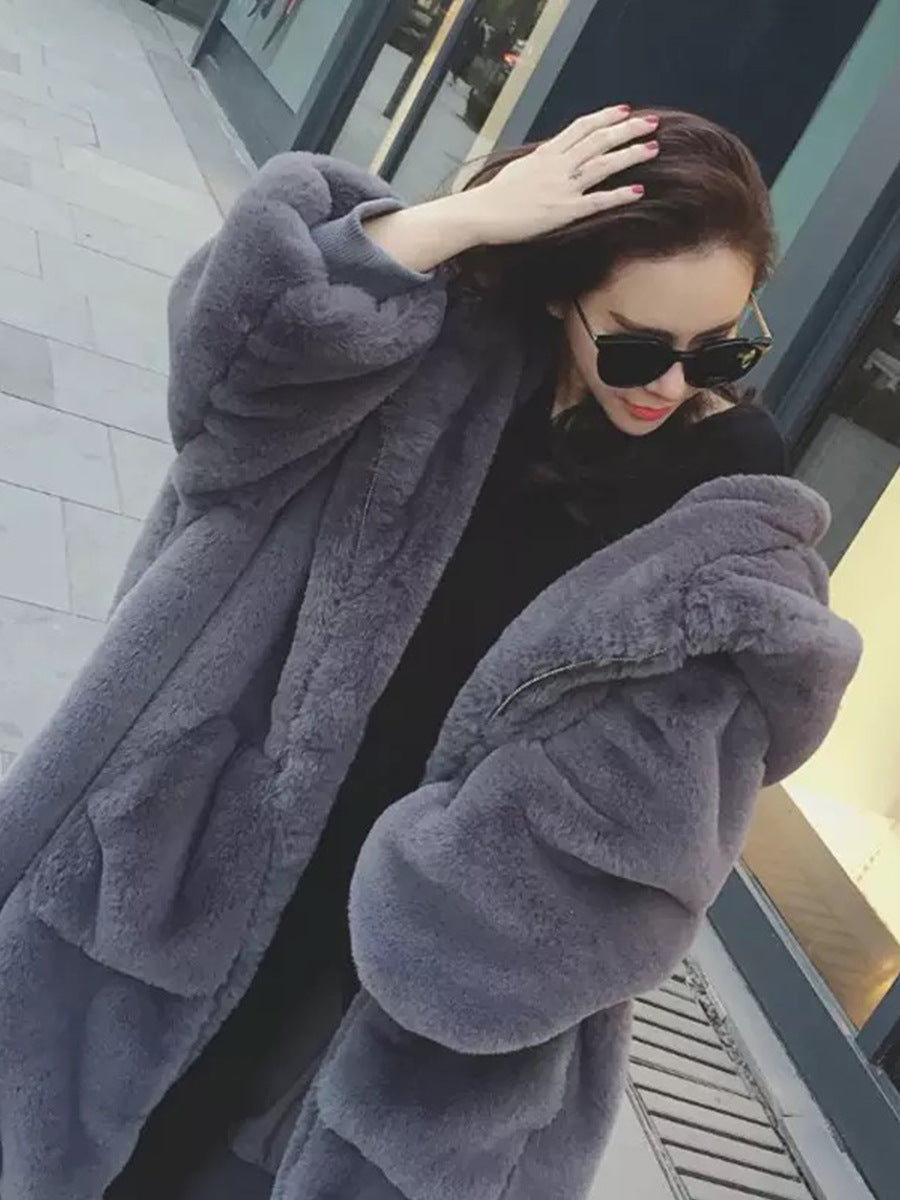 Rabbit Fur Thick Long Hooded Fur Coat
