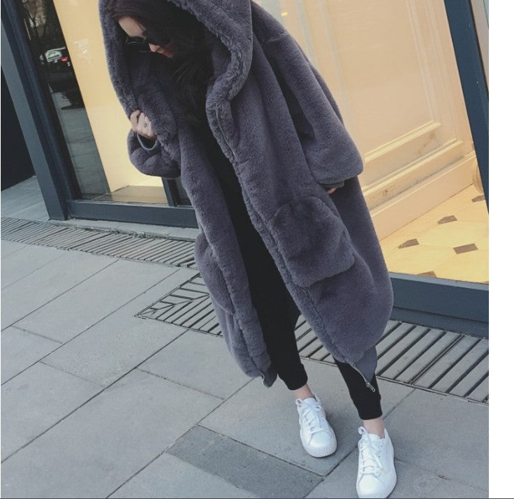 Rabbit Fur Thick Long Hooded Fur Coat