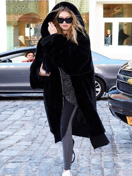 Rabbit Fur Thick Long Hooded Fur Coat
