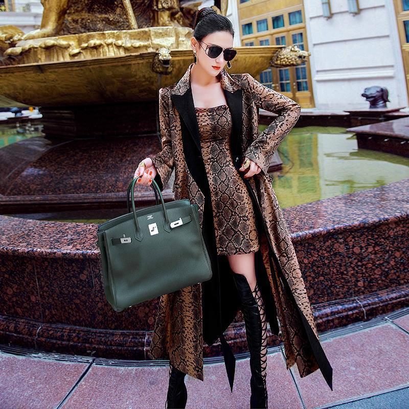 Ladies Mid-length Serpentine Print Big Hem Trench Coat