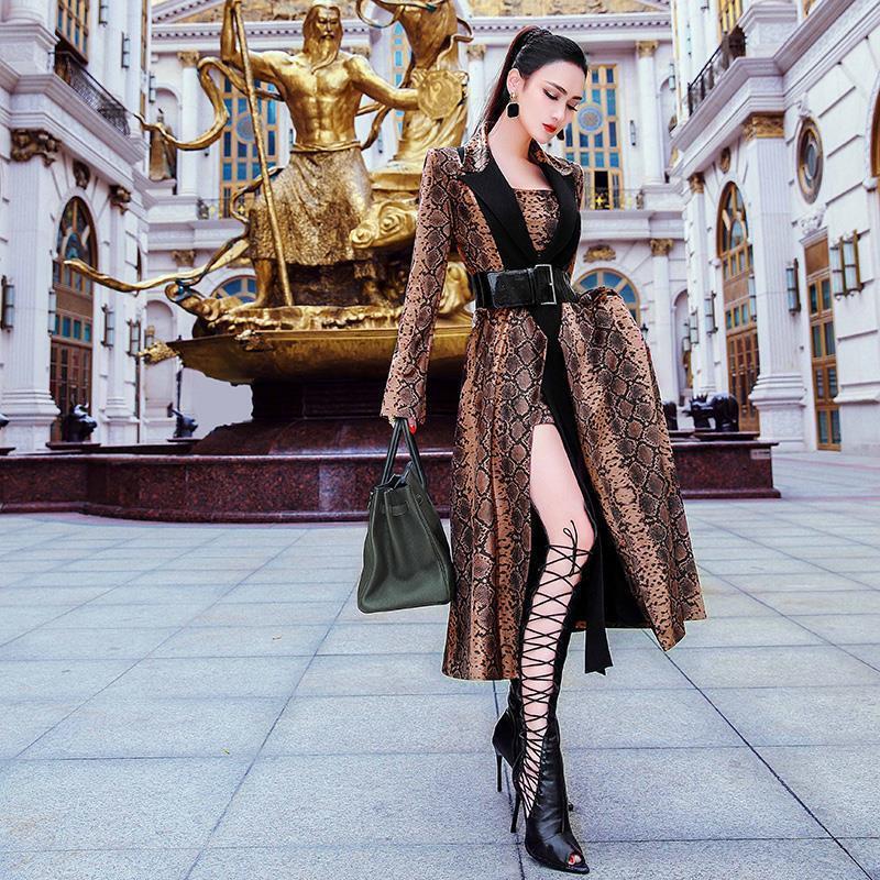 Ladies Mid-length Serpentine Print Big Hem Trench Coat
