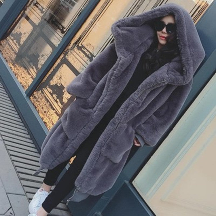 Rabbit Fur Thick Long Hooded Fur Coat