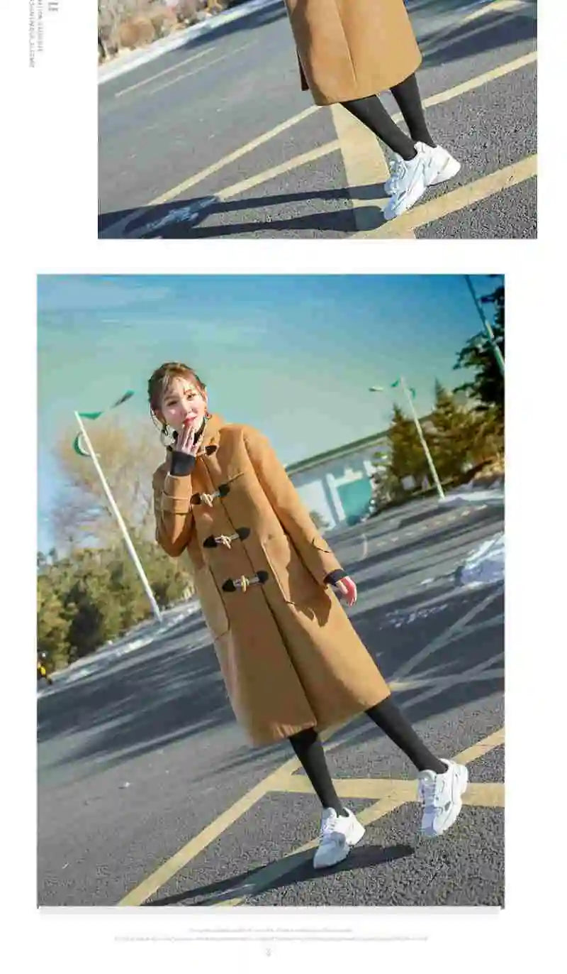 2024 Cow Horn Buttoned Woolen Coat For Women Mid To Long autumn and Winter Styles Forest Style Hooded Woolen Coat Thick Coat