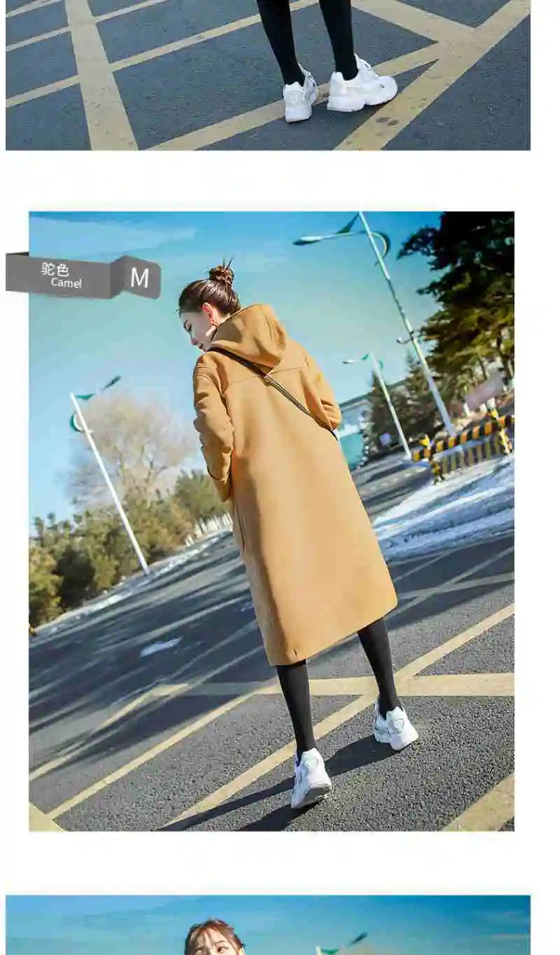 2024 Cow Horn Buttoned Woolen Coat For Women Mid To Long autumn and Winter Styles Forest Style Hooded Woolen Coat Thick Coat