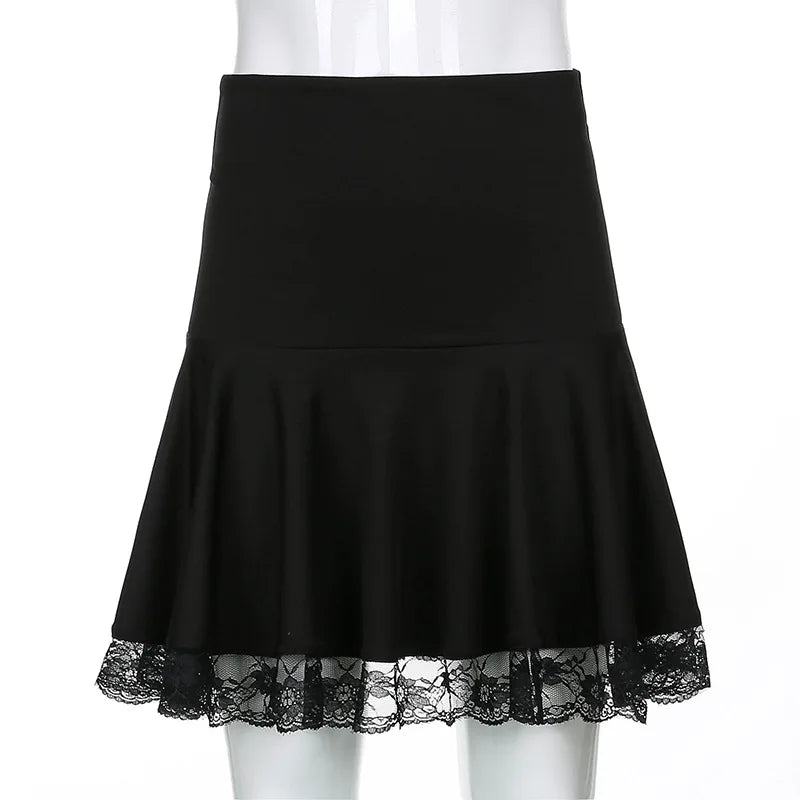 Gothic Black Lace Patchwork Skirt Women Casual Sexy Mini Dark Y2K Aesthetic Slim High Waist Long Skirt