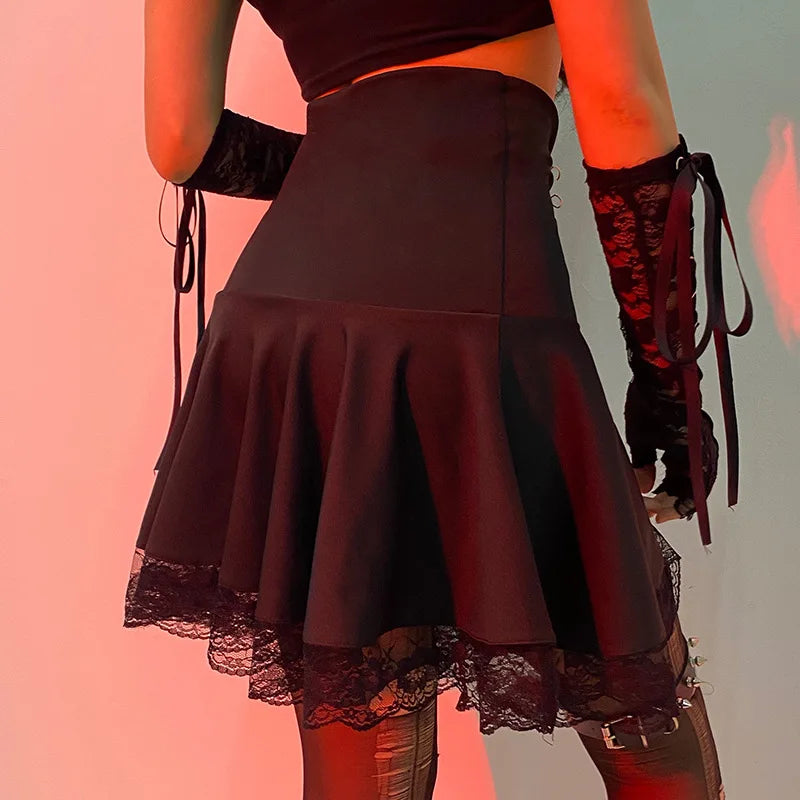Gothic Black Lace Patchwork Skirt Women Casual Sexy Mini Dark Y2K Aesthetic Slim High Waist Long Skirt