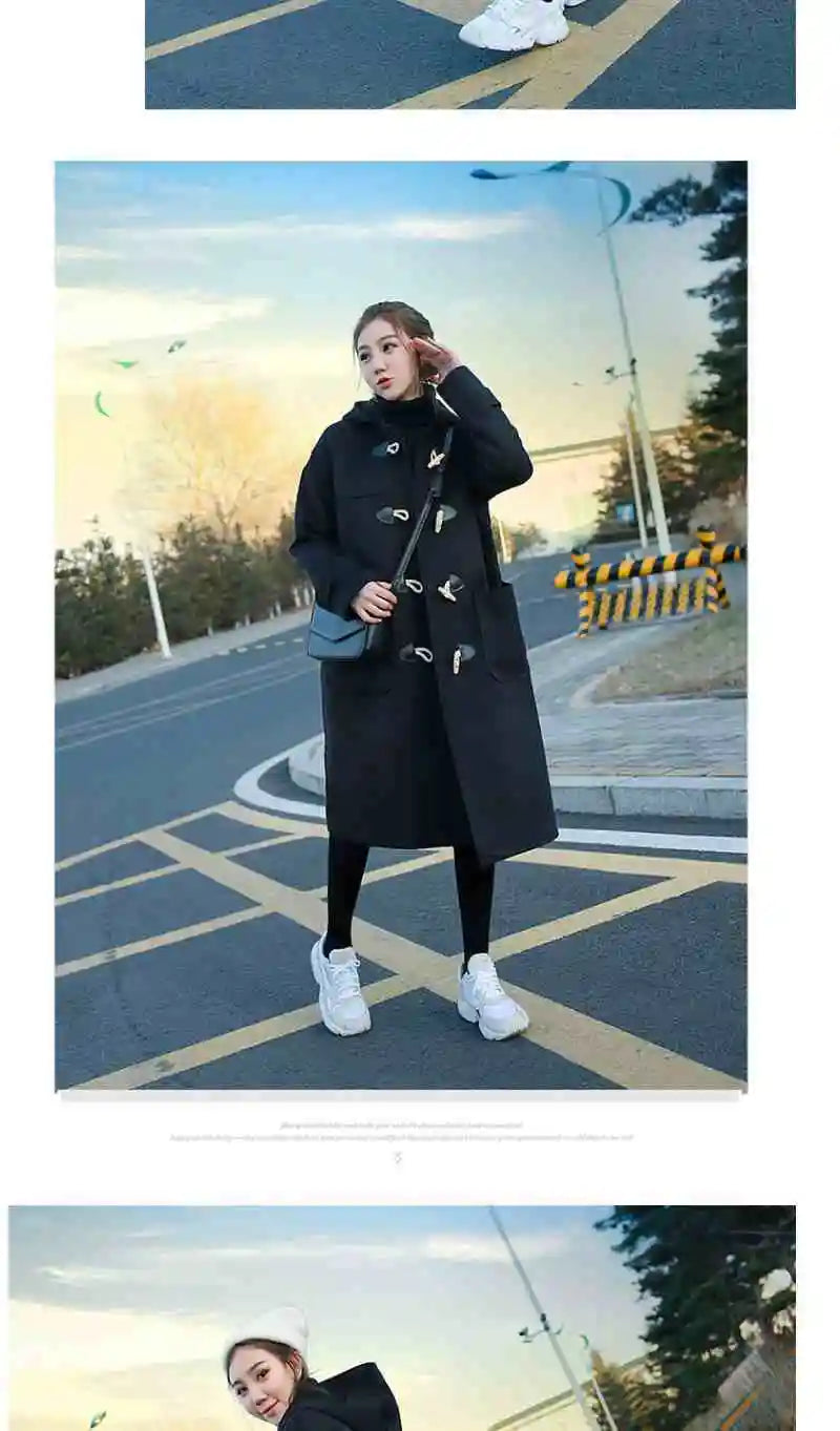 2024 Cow Horn Buttoned Woolen Coat For Women Mid To Long autumn and Winter Styles Forest Style Hooded Woolen Coat Thick Coat