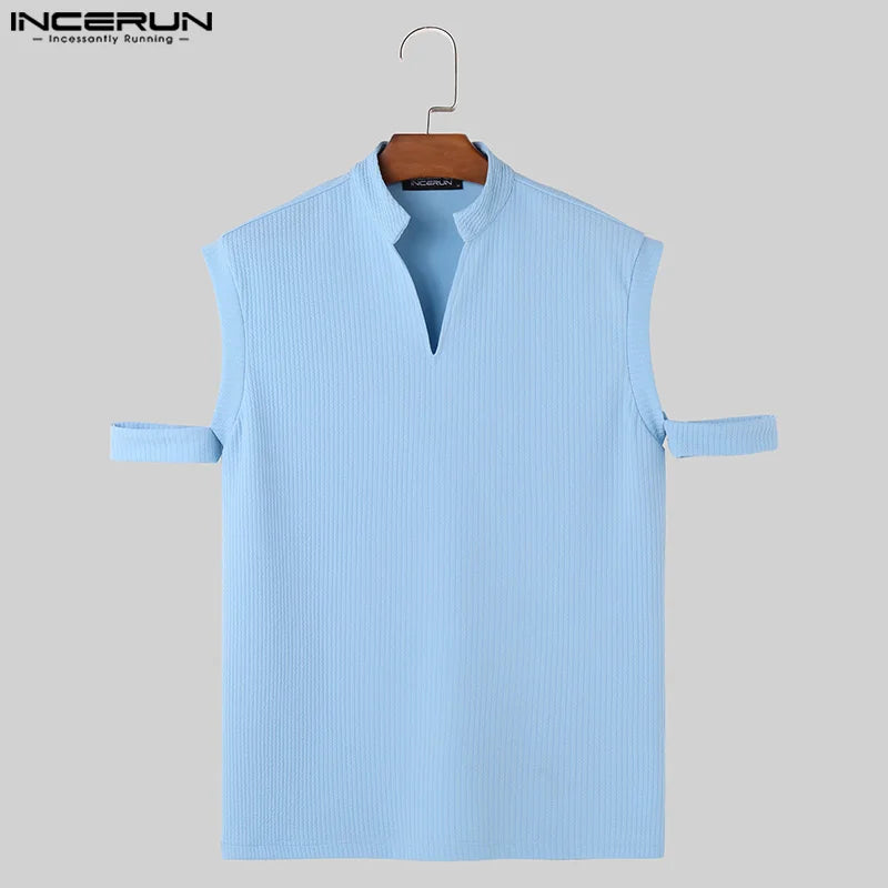 2024 Men T Shirt Solid Color V Neck Short Sleeve Hollow Out Casual Tee Tops Streetwear Summer Knitted Men Clothing S-5XL INCERUN