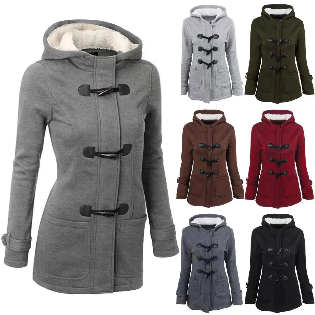 Womens Winter Coats Thicken Sherpa Lined Jacket Fashion Horn Button Hooded Outwear Warm Wool Blended Pea Coat Pockets