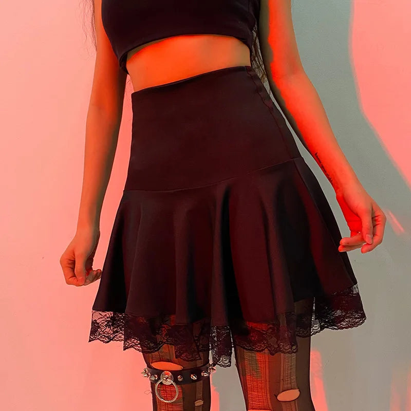 Gothic Black Lace Patchwork Skirt Women Casual Sexy Mini Dark Y2K Aesthetic Slim High Waist Long Skirt