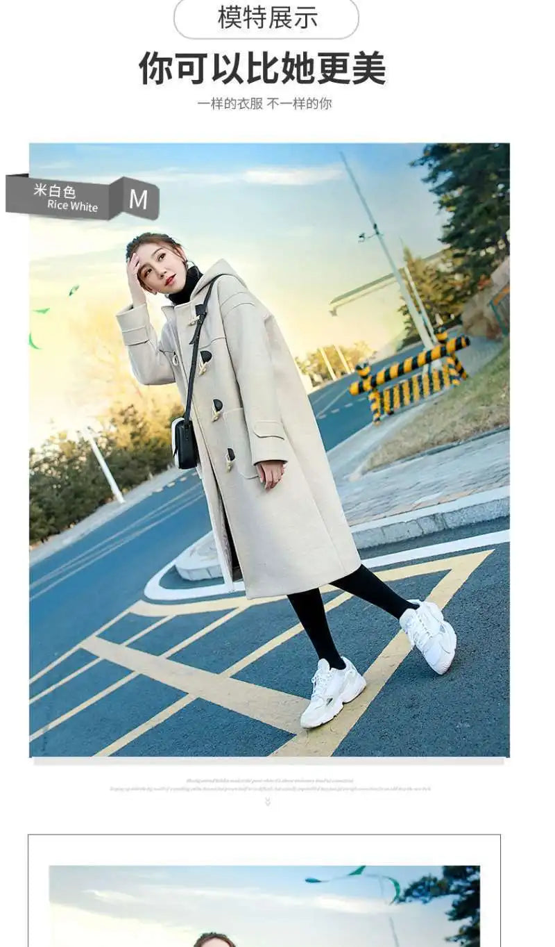 2024 Cow Horn Buttoned Woolen Coat For Women Mid To Long autumn and Winter Styles Forest Style Hooded Woolen Coat Thick Coat