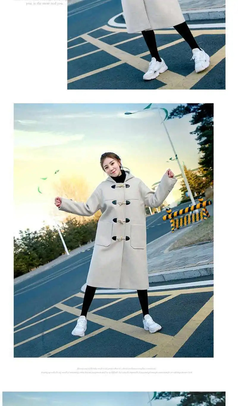 2024 Cow Horn Buttoned Woolen Coat For Women Mid To Long autumn and Winter Styles Forest Style Hooded Woolen Coat Thick Coat