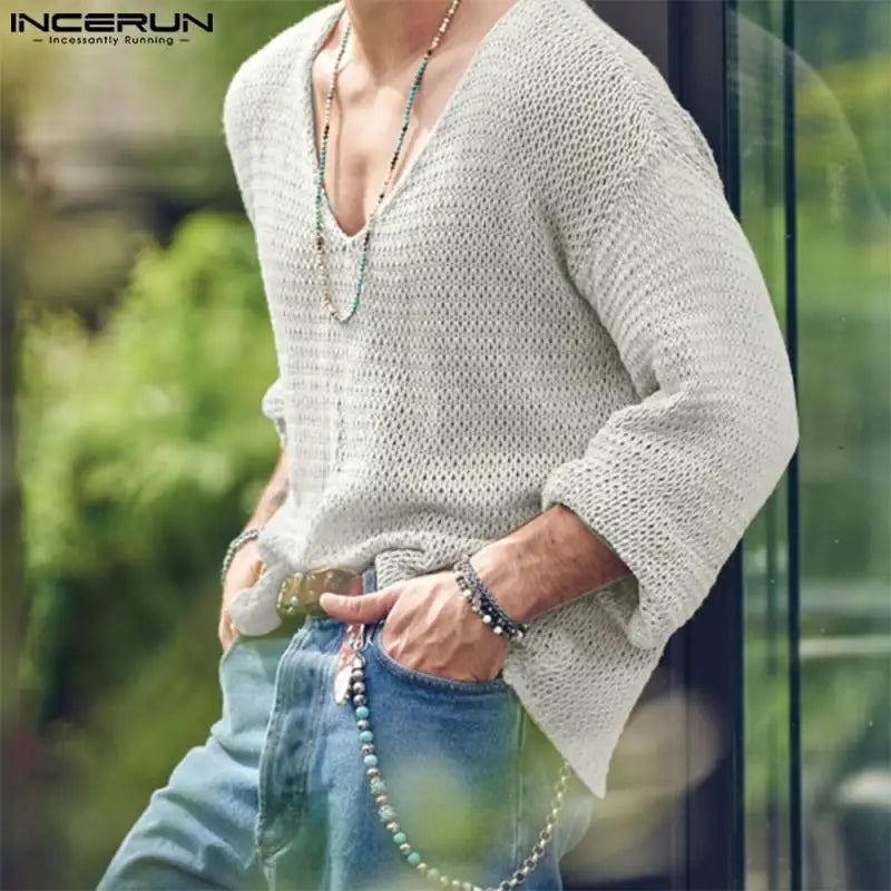 INCERUN Men T Shirt Solid Color Knitted V Neck Long Sleeve Casual Men Clothing Streetwear 2023 Hollow Out Loose Camisetas S-5XL