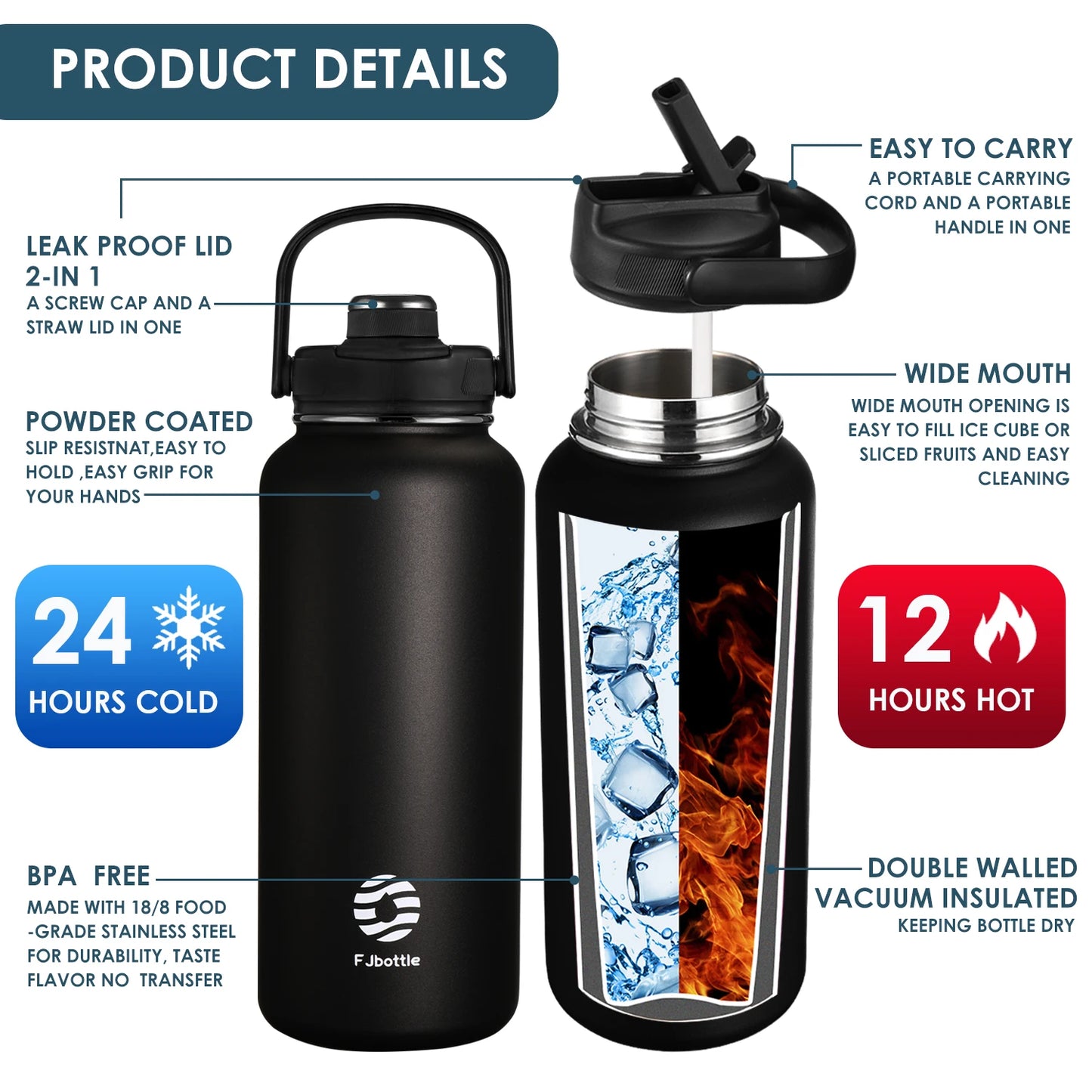 FEIJIAN Thermos Bottle with Straw Sport Stainless Steel Vacuum Flask Insulated Water Bottle with Handle Lid 950/1200ml
