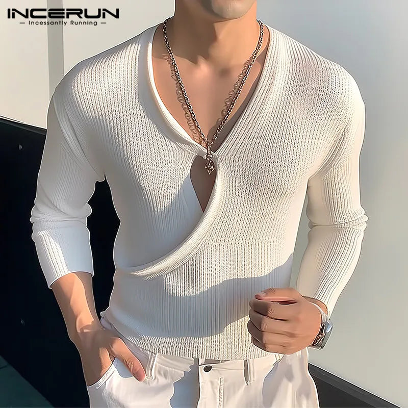 Men T Shirt Solid Color V Neck Long Sleeve Hollow Out Sexy Tee Tops Knitted Streetwear 2024 Fashion Casual Men Clothing INCERUN