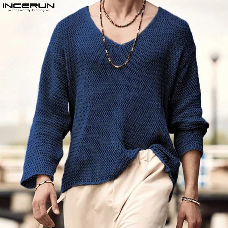 INCERUN Men T Shirt Solid Color Knitted V Neck Long Sleeve Casual Men Clothing Streetwear 2023 Hollow Out Loose Camisetas S-5XL