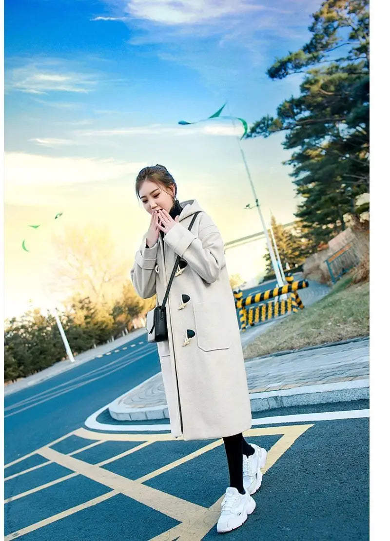 2024 Cow Horn Buttoned Woolen Coat For Women Mid To Long autumn and Winter Styles Forest Style Hooded Woolen Coat Thick Coat