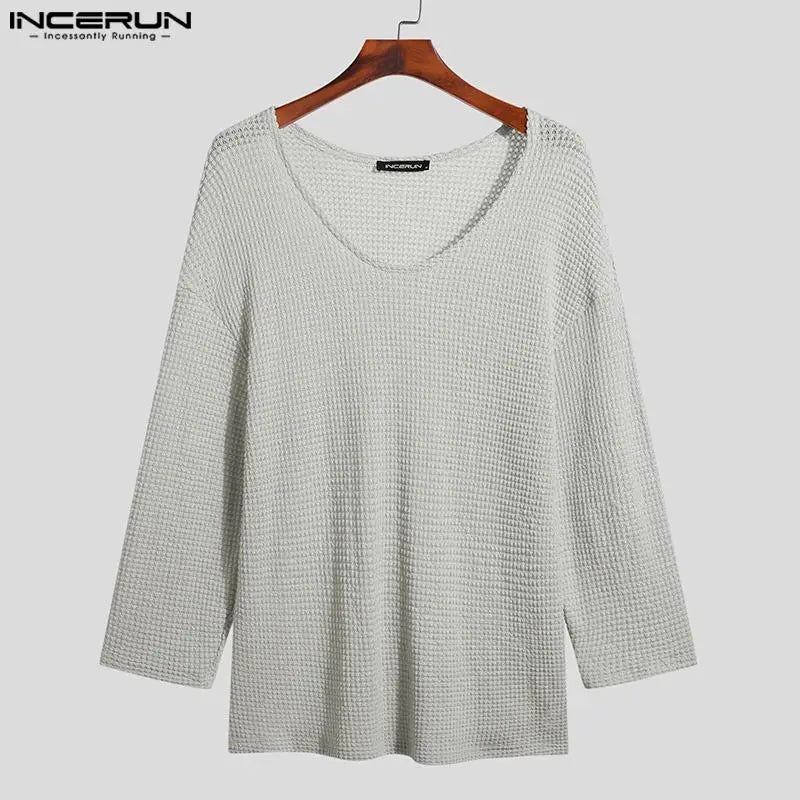 INCERUN Men T Shirt Solid Color Knitted V Neck Long Sleeve Casual Men Clothing Streetwear 2023 Hollow Out Loose Camisetas S-5XL