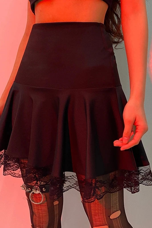 Gothic Black Lace Patchwork Skirt Women Casual Sexy Mini Dark Y2K Aesthetic Slim High Waist Long Skirt