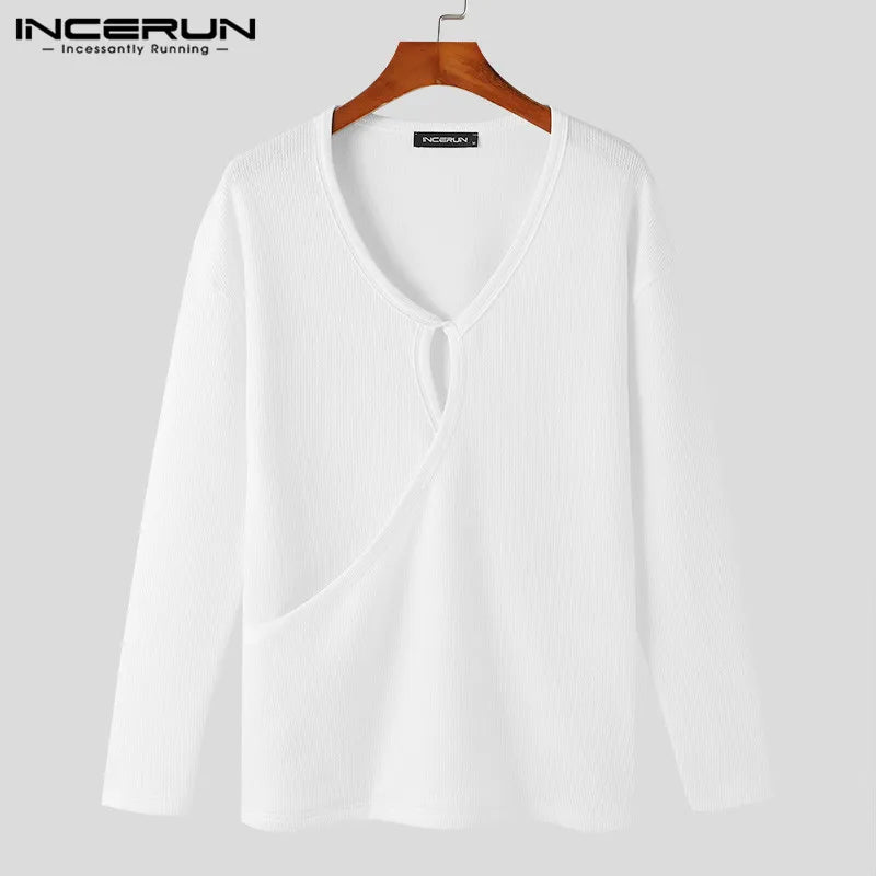 Men T Shirt Solid Color V Neck Long Sleeve Hollow Out Sexy Tee Tops Knitted Streetwear 2024 Fashion Casual Men Clothing INCERUN