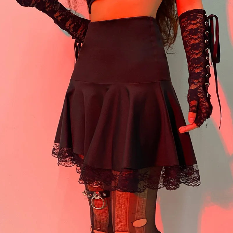 Gothic Black Lace Patchwork Skirt Women Casual Sexy Mini Dark Y2K Aesthetic Slim High Waist Long Skirt