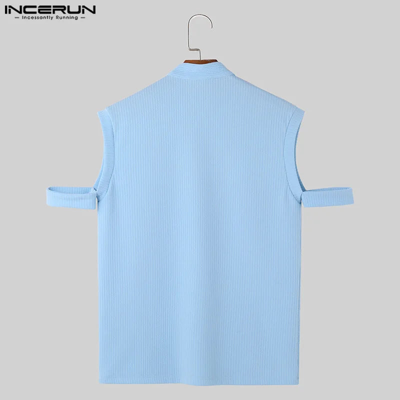 2024 Men T Shirt Solid Color V Neck Short Sleeve Hollow Out Casual Tee Tops Streetwear Summer Knitted Men Clothing S-5XL INCERUN