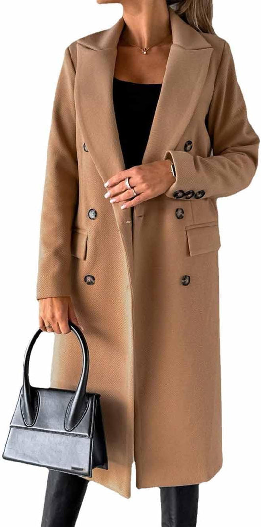 Long-Sleeved Wool Coat with Double-Breasted Buttons,Women'S Double Breasted Long Trench Coat Windproof Classic Lapel Slim Overcoat