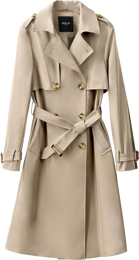 Long Trench Coat for Women with Belt Lightweight Double-Breasted Duster Trench Coat Slim Fit